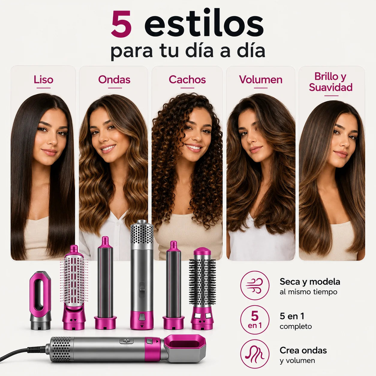 Cepillo Secador 5 en 1 Cerámico — Seca, Alisa y Riza sin Dañar tu Cabello