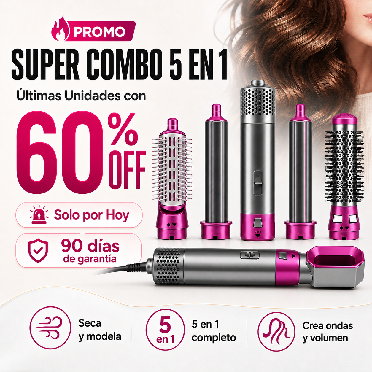 Cepillo Secador 5 en 1 Cerámico — Seca, Alisa y Riza sin Dañar tu Cabello